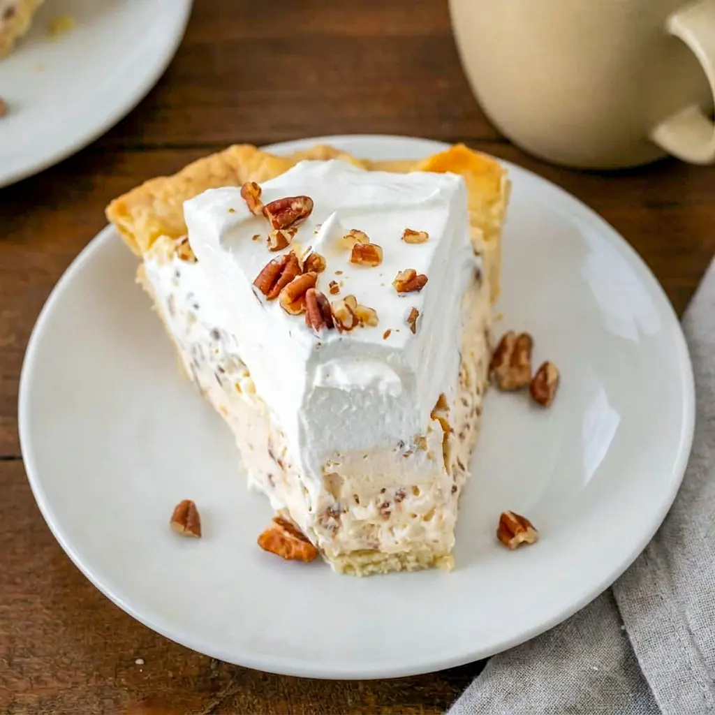 A rich slice of Pecan Cream Pie served on a dessert stand, made with Pie Using Frozen Pie Crust for an easy holiday shortcut.