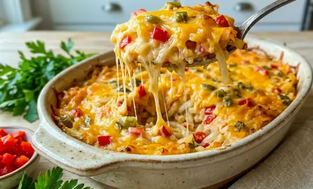Pimento Cheese Hash Brown Casserole baked golden for a cozy Cheese Hashbrown Casserole side dish.