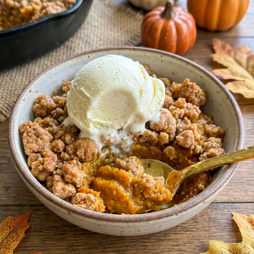 A creamy slice of Pumpkin Crisp with cinnamon crumble, a delicious Traditional Pumpkin Dessert for fall gatherings.