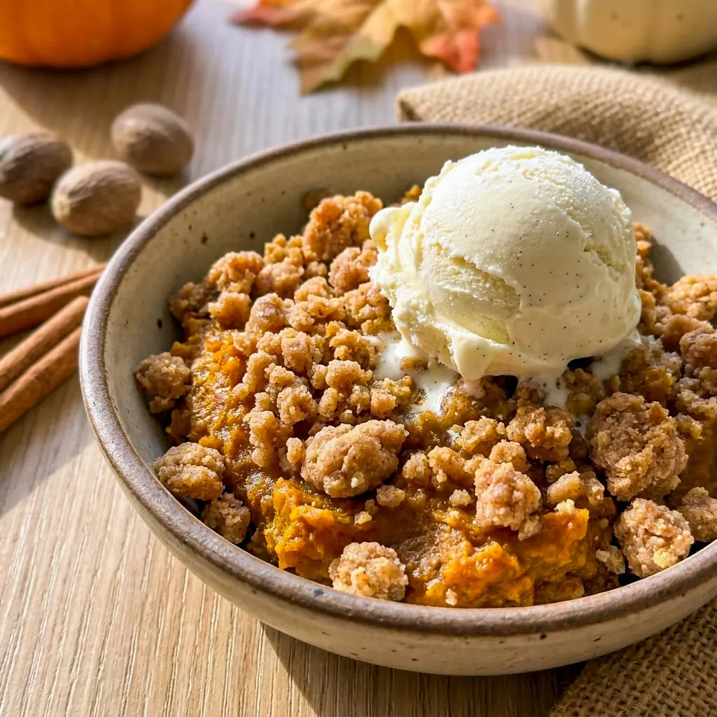 A comforting pan of Pumpkin Crisp with a golden crumb layer, an easy Homemade Pumpkin Crisp for Thanksgiving dessert.