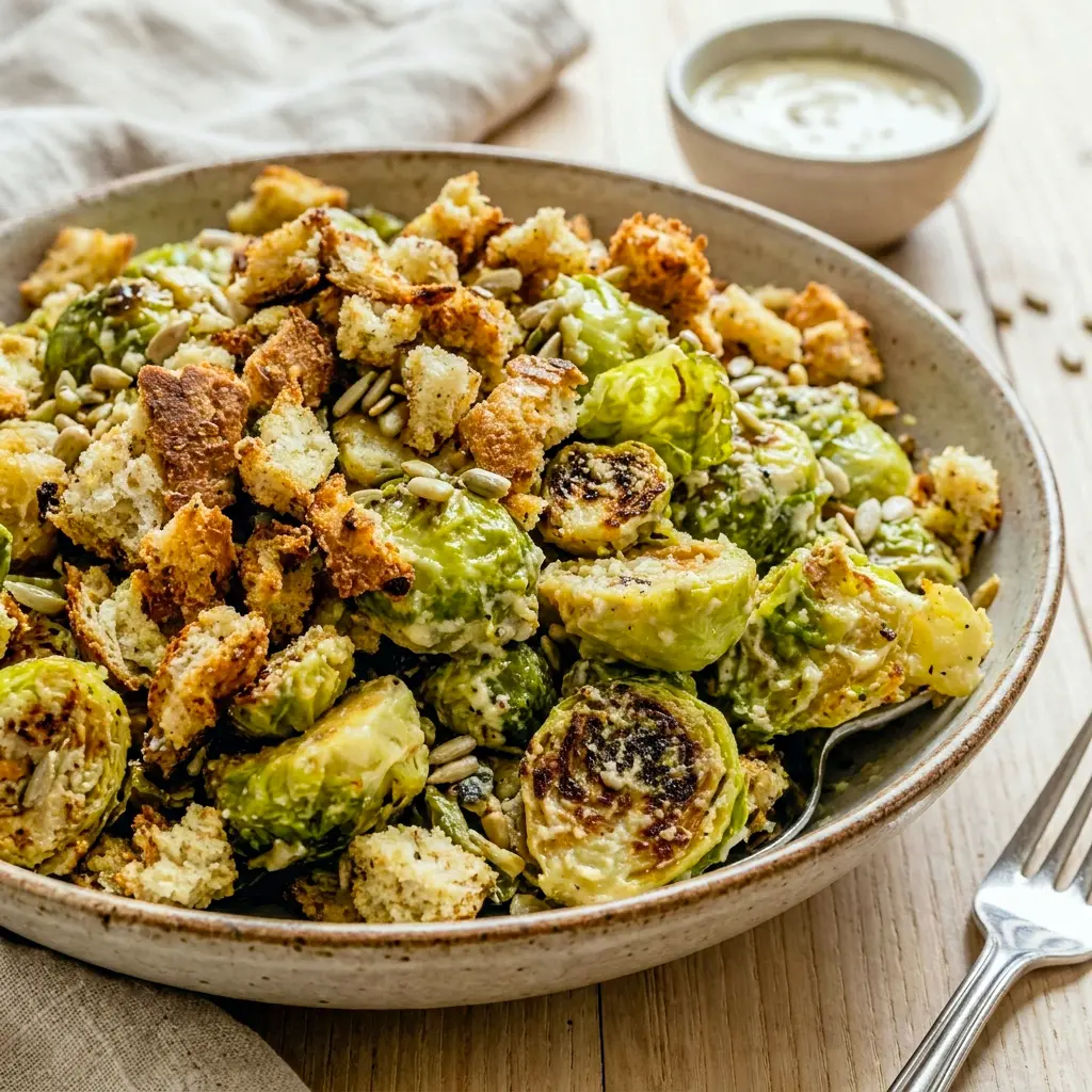 Roasted Brussels Sprouts Caesar Salad made for a festive Superbowl Food Veggie spread with crunchy toppings.
