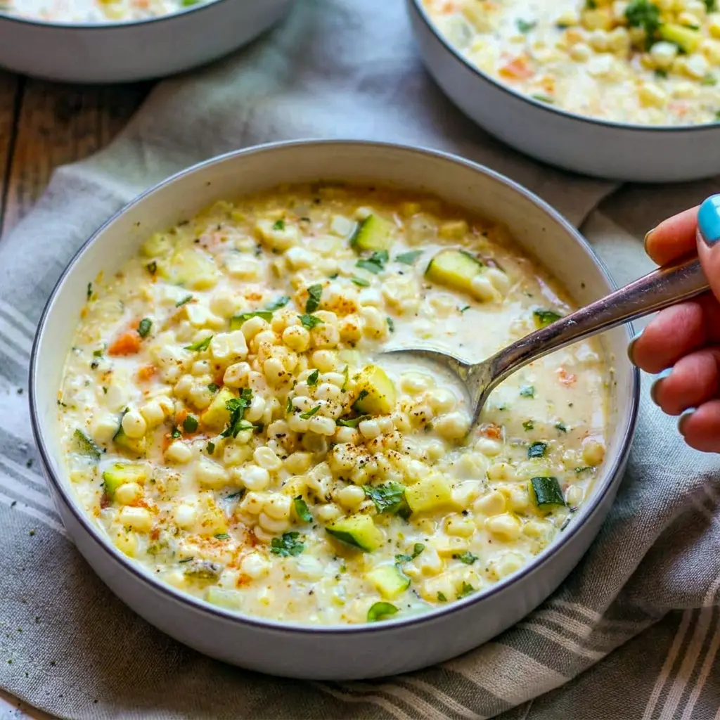 Summer Corn Chowder Soup styled for Lake Recipes, shown steaming in a white bowl beside crusty bread on a sunny table.
