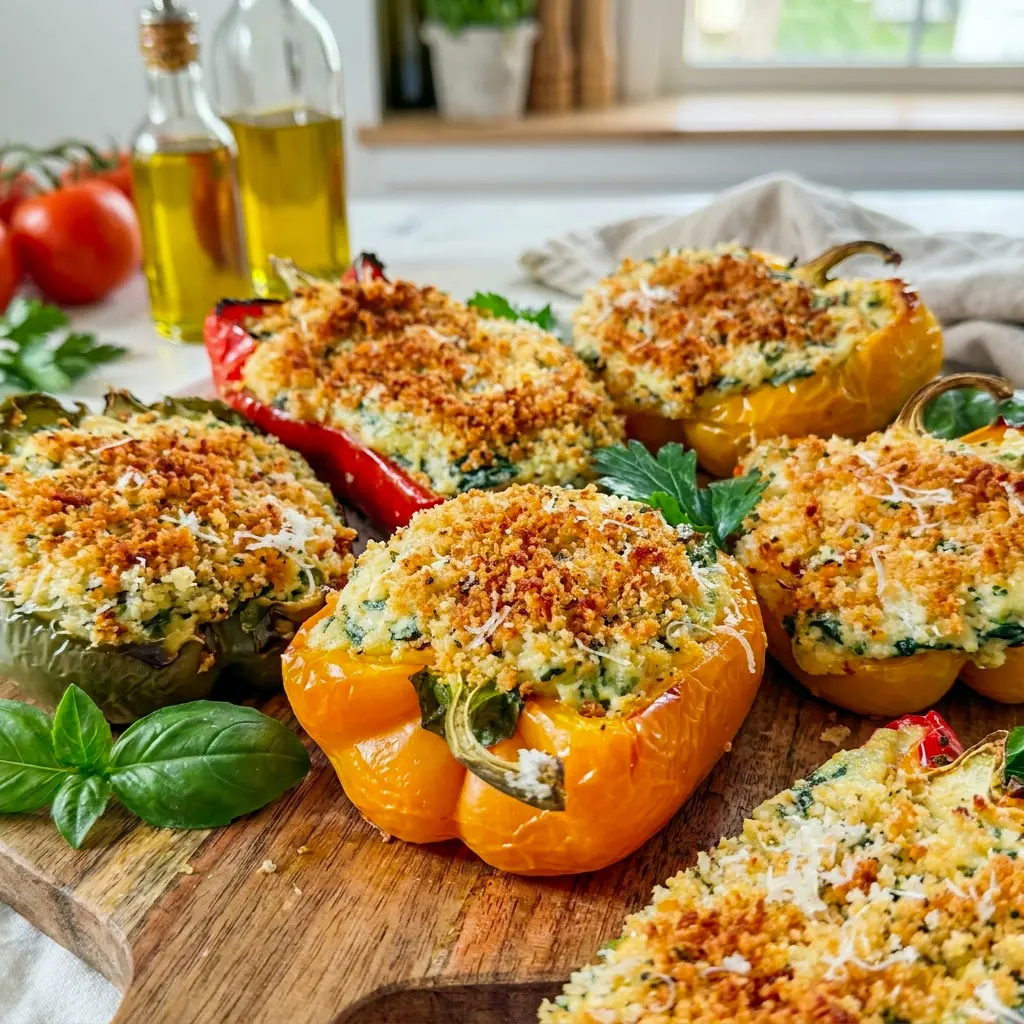 Tuscan Ricotta Stuffed Peppers arranged on a platter, a beautiful Side Dish With Peppers for everyday meals or guests.