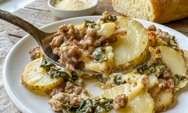 A cozy dinner scene featuring Zuppa Toscana Casserole with melted cheese, potatoes, and sausage for Zuppa Toscana Bake comfort.