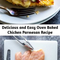 Delicious and Easy Oven Baked Chicken Parmesan Recipe This delicious Oven Baked Chicken Parmesan recipe is easy and doesn't require any frying. Because this chicken Parmesan is baked, it is healthy, quick and easy! Make this crispy baked Parmesan crusted chicken for dinner tonight in about thirty minutes!