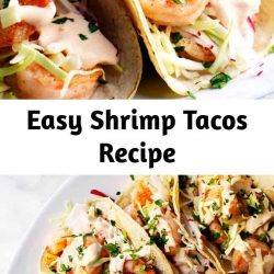 Easy Shrimp Tacos Recipe Easy and Healthy Shrimp Tacos with lightly charred tortillas, crisp salt and pepper coated shrimp, crunchy slaw and spicy, creamy shrimp taco sauce! #shrimptacos #easyshrimptacos #shrimptacoswithcabbageslaw