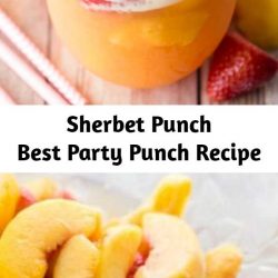 Sherbet punch made with ginger ale, white grape juice, peaches, and strawberries is the best punch recipe ever! Perfect party punch for your next baby shower, wedding shower, summer party, or random Tuesday afternoon!