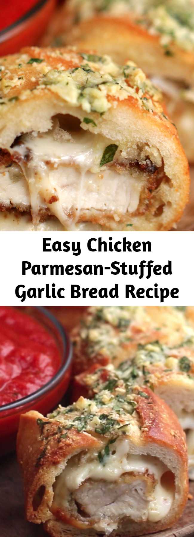 Easy Chicken Parmesan-Stuffed Garlic Bread Recipe - Super easy to stuff the bread just make sure you get a big baguette and not a little one. Loved it!