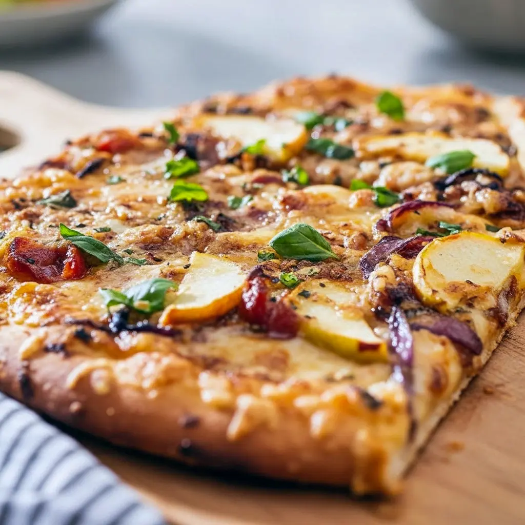 Sliced pizza on a wooden board topped with thin apple slices, crumbled bacon, caramelized onions and melted fontina and cheddar cheese, Apple Bacon Pizza.