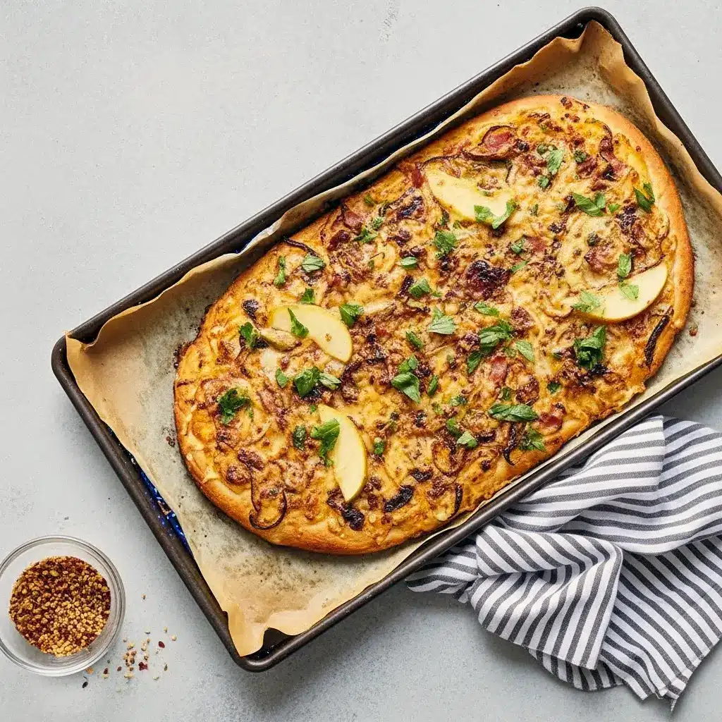 Apple Bacon Pizza with Caramelized Onions — Fall Pizza Toppings Done Right Sliced pizza on a wooden board topped with thin apple slices, crumbled bacon, caramelized onions and melted fontina and cheddar cheese.