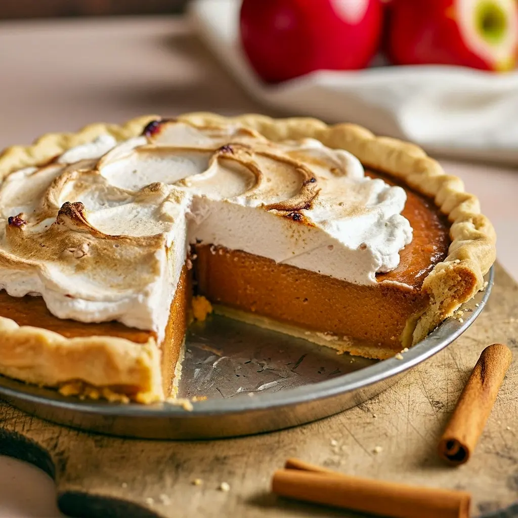 Slice of apple butter pie with cinnamon whipped cream on a white plate, showing flaky butter crust and a silky, custard-like filling, Apple Butter Apple Pie.