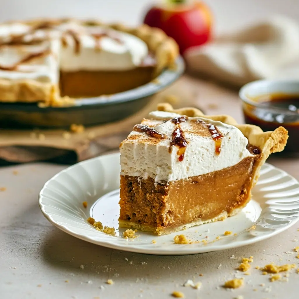 Slice of apple butter pie with cinnamon whipped cream on a white plate, showing flaky butter crust and a silky, custard-like filling, Apple Butter Apple Pie.
