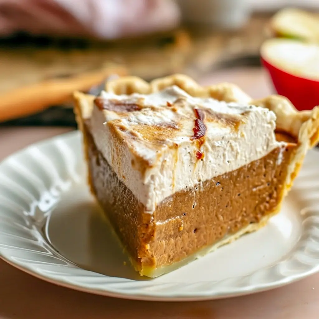 Slice of apple butter pie with cinnamon whipped cream on a white plate, showing flaky butter crust and a silky, custard-like filling, Apple Butter Apple Pie.