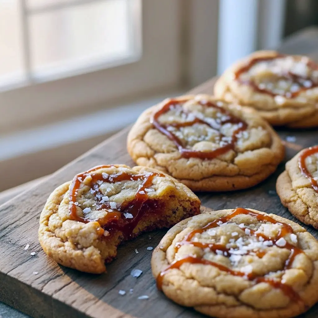 Close-up of soft Autumn Themed Cookies with gooey caramel centers, a perfect Caramel Cookies Recipe made with apple cider reduction — a cozy Fall Fest Desserts idea and one of the Best Fall Baked Goods.