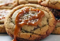 Close-up of soft Autumn Themed Cookies with gooey caramel centers, a perfect Caramel Cookies Recipe made with apple cider reduction — a cozy Fall Fest Desserts idea and one of the Best Fall Baked Goods.