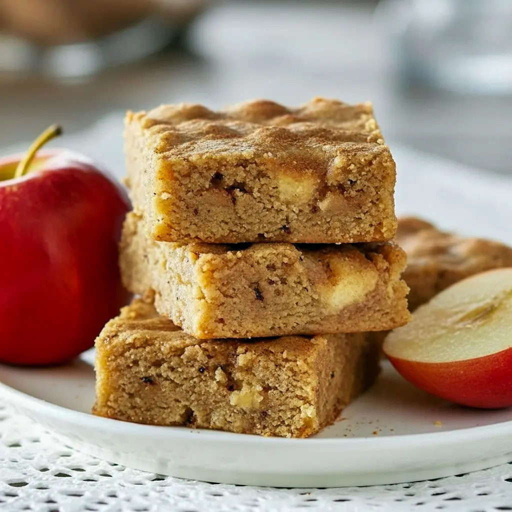 A stack of soft, golden Apple Spice Bars filled with cinnamon apples, perfect Desserts For Winter and cozy Homemade Apple Blondies vibes.
