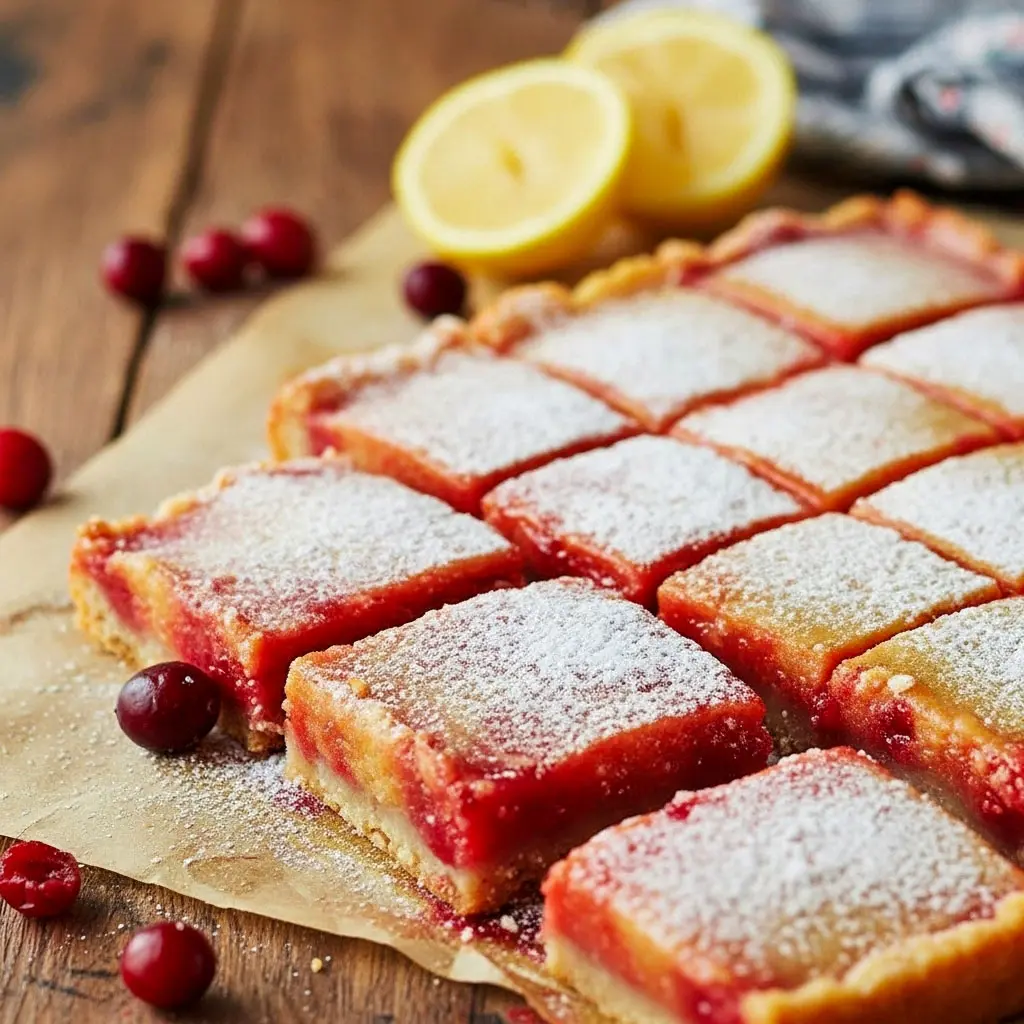 Close-up of golden Christmas Lemon Bars with layers of tart cranberry and lemon custard dusted with powdered sugar – the ultimate Baking With Fresh Cranberries dessert for the holidays.