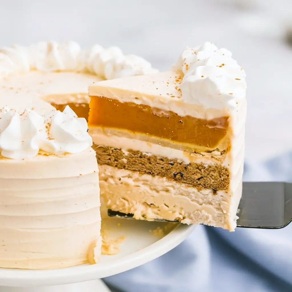A decadent Pie Cake Recipe layered with pumpkin pie, cinnamon cheesecake, and spice cake — the Best Ever Thanksgiving Dessert that combines Cake And Pie flavors into one stunning holiday centerpiece, perfect for Thanksgiving Dinner Desserts and festive Cake Ideas Thanksgiving.