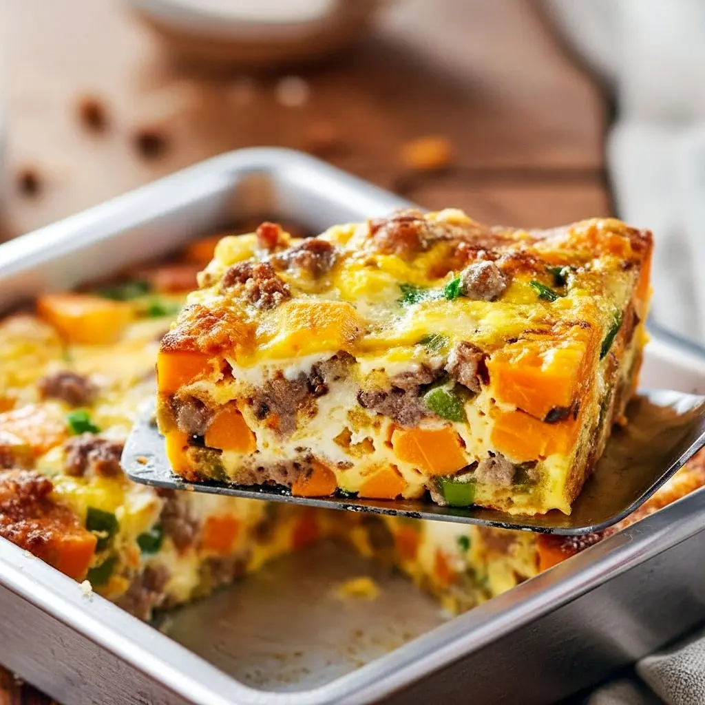 A golden-baked Casserole With Sweet Potatoes featuring fluffy eggs, turkey sausage, and melted cheese — the perfect Easy Breakfast For Family or cozy Healthy Breakfast Dinner for fall mornings.