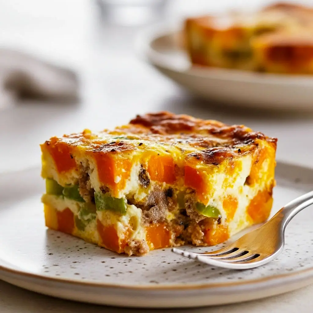 A golden-baked Casserole With Sweet Potatoes featuring fluffy eggs, turkey sausage, and melted cheese — the perfect Easy Breakfast For Family or cozy Healthy Breakfast Dinner for fall mornings.