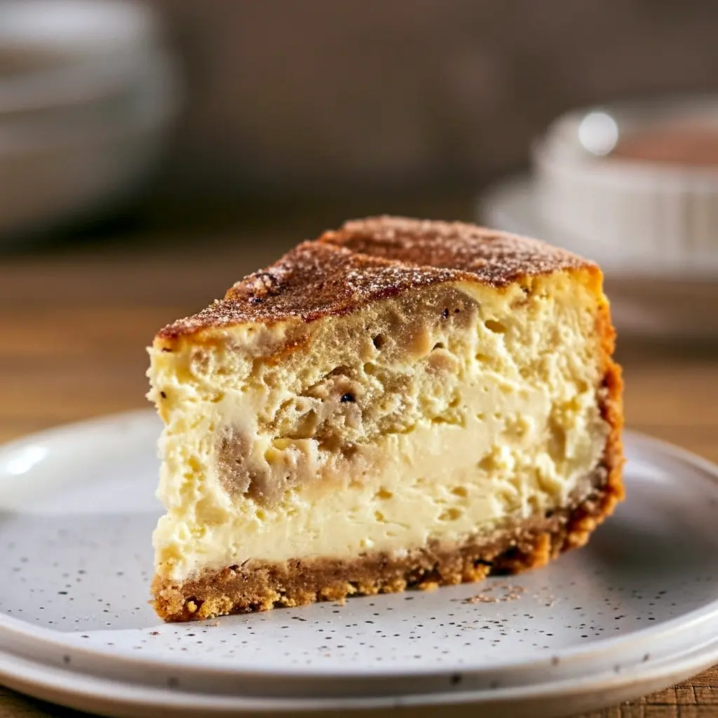 Close-up slice of apple cider cheesecake with graham cracker crust and cinnamon-sugar finish, a decadent treat reminiscent of Apple Cider Brownies, worthy of the Best Cinnamon Desserts list and perfect for Fall Cookout Desserts.