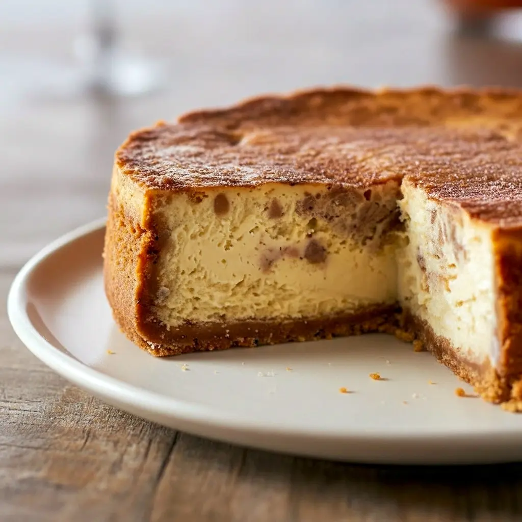 Close-up slice of apple cider cheesecake with graham cracker crust and cinnamon-sugar finish, a decadent treat reminiscent of Apple Cider Brownies, worthy of the Best Cinnamon Desserts list and perfect for Fall Cookout Desserts.