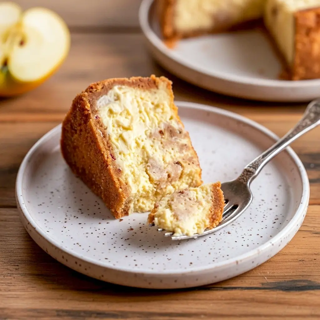 Close-up slice of apple cider cheesecake with graham cracker crust and cinnamon-sugar finish, a decadent treat reminiscent of Apple Cider Brownies, worthy of the Best Cinnamon Desserts list and perfect for Fall Cookout Desserts.