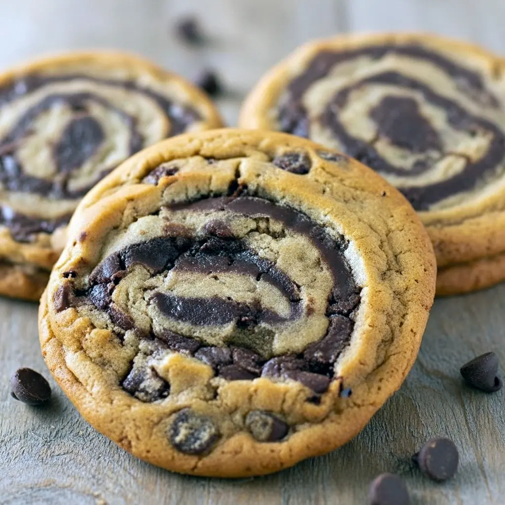 Close-up shot of freshly baked Chocolate Chip Brownie Swirl Cookies showing their rich, fudgy centers and golden cookie edges — a mouthwatering batch of Brookie Cookies perfect for dessert lovers.
