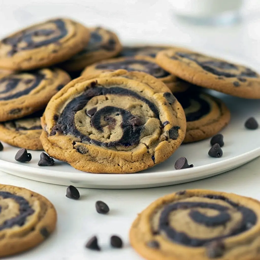 Close-up shot of freshly baked Chocolate Chip Brownie Swirl Cookies showing their rich, fudgy centers and golden cookie edges — a mouthwatering batch of Brookie Cookies perfect for dessert lovers.