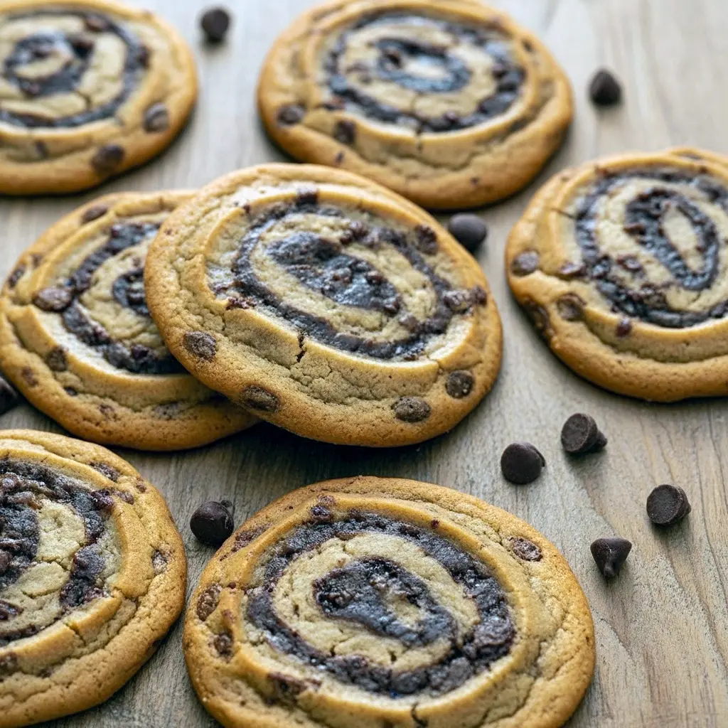 Close-up shot of freshly baked Chocolate Chip Brownie Swirl Cookies showing their rich, fudgy centers and golden cookie edges — a mouthwatering batch of Brookie Cookies perfect for dessert lovers.
