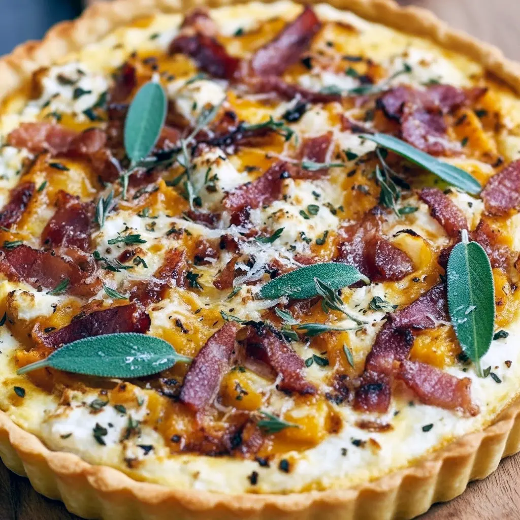 Golden puff-pastry tart topped with browned sweet onions, dollops of pumpkin-ricotta, crisp bacon bits, and scattered sage leaves on a wooden board, Thanksgiving Recipes.