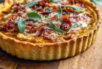 Golden puff-pastry tart topped with browned sweet onions, dollops of pumpkin-ricotta, crisp bacon bits, and scattered sage leaves on a wooden board.