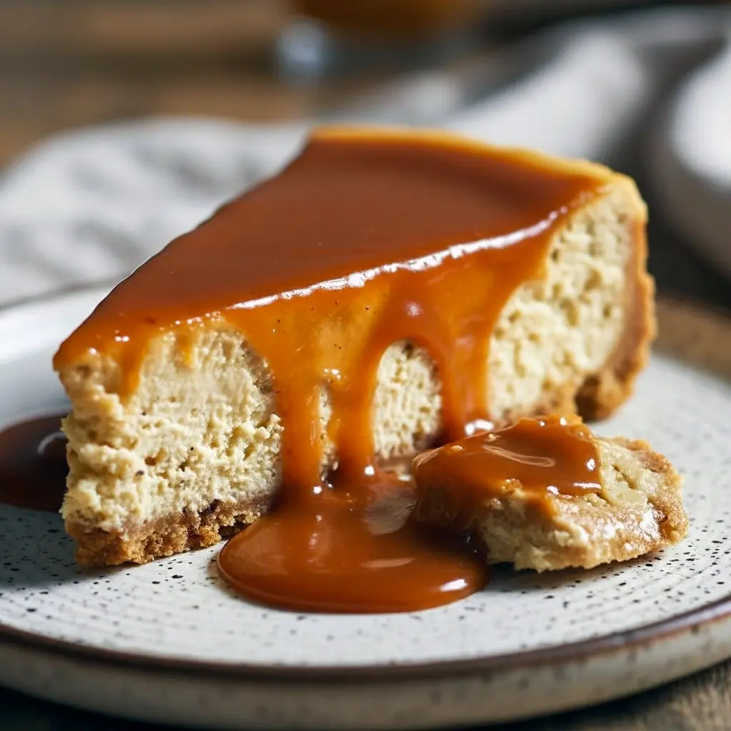 Slice of creamy cheesecake topped with cinnamon whipped cream and caramel, pictured for a roundup of Cheesecake Fall Recipes and evocative of an Apple Spice Cheesecake.