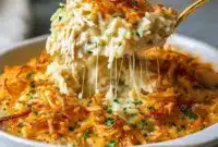 Chicken Onion Soup Rice Casserole – Rich, Savory & So Easy to Make1 Golden baked Chicken And Rice With Onion Soup casserole topped with crispy fried onions and melted cheese, served hot in a white baking dish with a sprinkle of parsley.