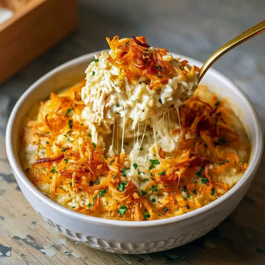 Golden baked Chicken And Rice With Onion Soup casserole topped with crispy fried onions and melted cheese, served hot in a white baking dish with a sprinkle of parsley.