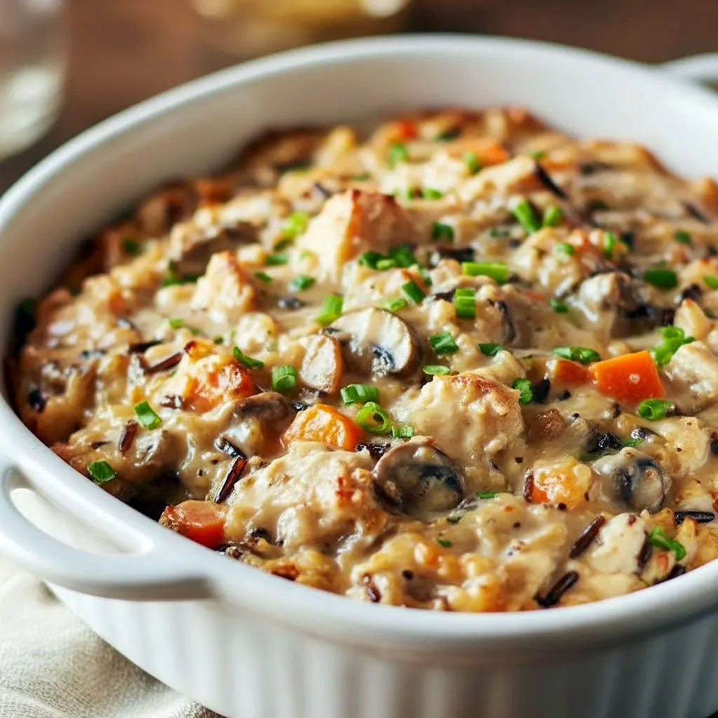 Golden, bubbly Chicken Wild Rice Hotdish baked in a casserole dish, topped with crispy breadcrumbs and melted cheese, surrounded by fresh herbs and a serving spoon ready to dig in.