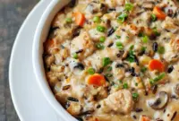 Golden, bubbly Chicken Wild Rice Hotdish baked in a casserole dish, topped with crispy breadcrumbs and melted cheese, surrounded by fresh herbs and a serving spoon ready to dig in.