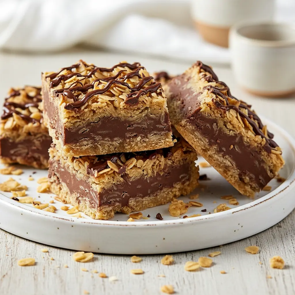 Close-up of chewy Chocolate Oatmeal Cookie Bars layered with peanut butter and melted chocolate, the perfect Dessert Using Oatmeal for quick and easy no-bake treats.