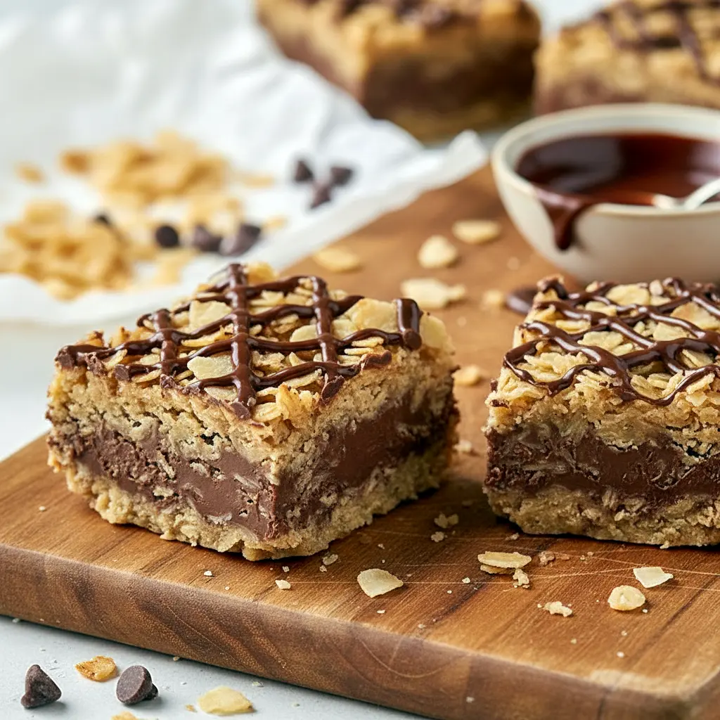 Close-up of chewy Chocolate Oatmeal Cookie Bars layered with peanut butter and melted chocolate, the perfect Dessert Using Oatmeal for quick and easy no-bake treats.