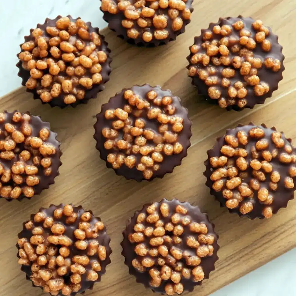 A close-up of Chocolate Peanut Butter Rice Krispy Cups, layered with creamy peanut butter and melted chocolate, topped with sea salt — the perfect no-bake Cereal Treats for holidays or everyday snacking.