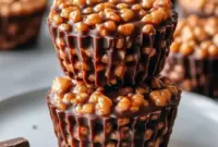 Chocolate Peanut Butter Rice Krispie Cups – Sweet, Crunchy & Totally Addictive!2 A close-up of Chocolate Peanut Butter Rice Krispy Cups, layered with creamy peanut butter and melted chocolate, topped with sea salt — the perfect no-bake Cereal Treats for holidays or everyday snacking.