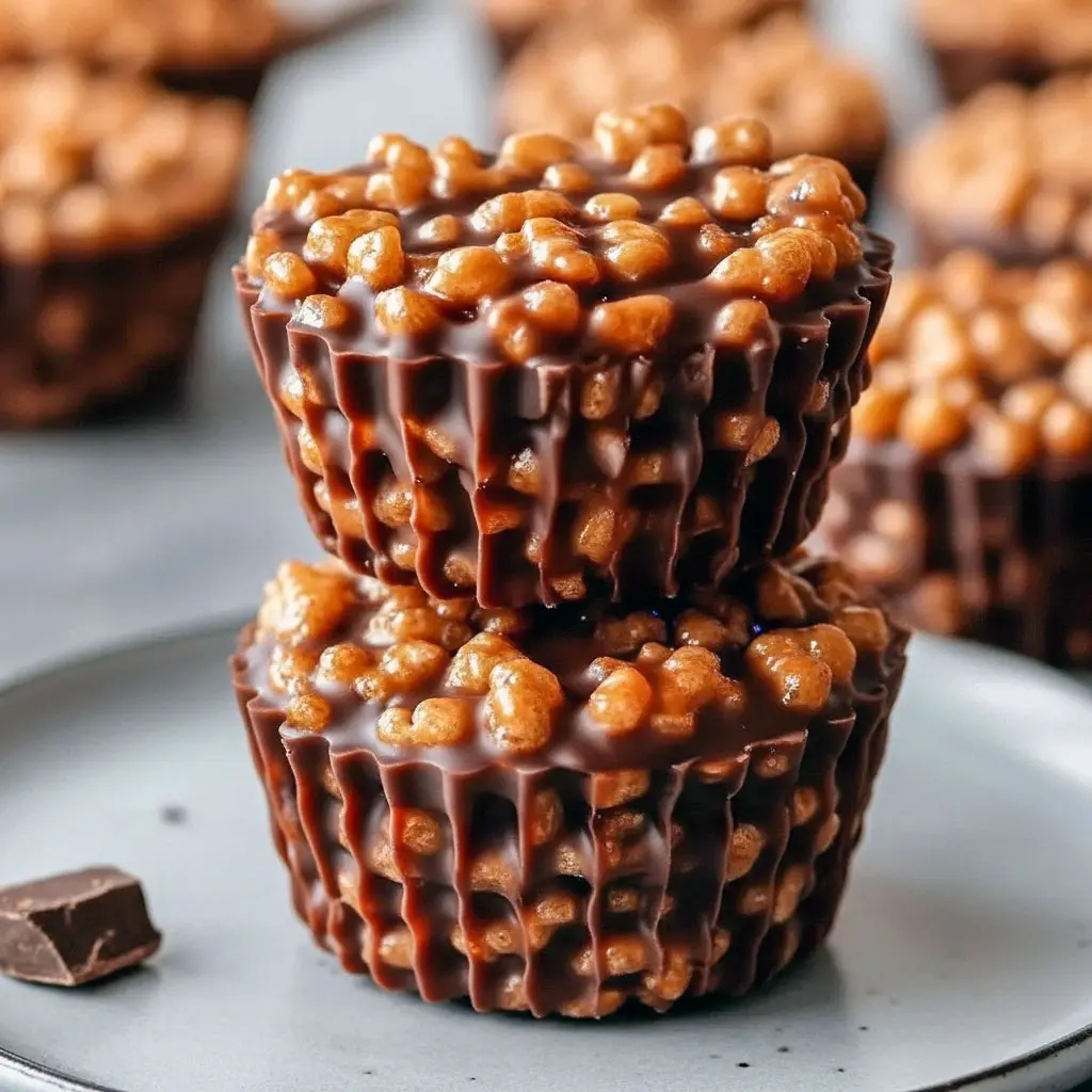 Chocolate Peanut Butter Rice Krispie Cups – Sweet, Crunchy & Totally Addictive!2 A close-up of Chocolate Peanut Butter Rice Krispy Cups, layered with creamy peanut butter and melted chocolate, topped with sea salt — the perfect no-bake Cereal Treats for holidays or everyday snacking.