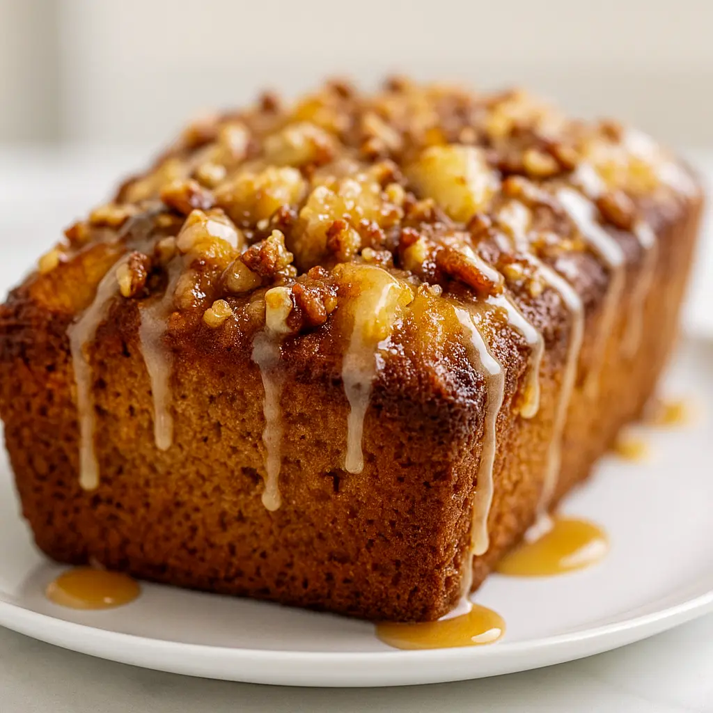 Close-up of a golden cinnamon-apple loaf with juicy apple pieces and a coarse-sugar crust on a wooden board — a cozy Spiced Bread Recipe that feels like a rustic favorite from Fall Yeast Bread Recipes, and would be equally delicious as an Apple Yeast Bread variation or served thinly sliced for Apple Tea Bread.