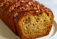 Close-up of a golden cinnamon-apple loaf with juicy apple pieces and a coarse-sugar crust on a wooden board — a cozy Spiced Bread Recipe that feels like a rustic favorite from Fall Yeast Bread Recipes, and would be equally delicious as an Apple Yeast Bread variation or served thinly sliced for Apple Tea Bread.