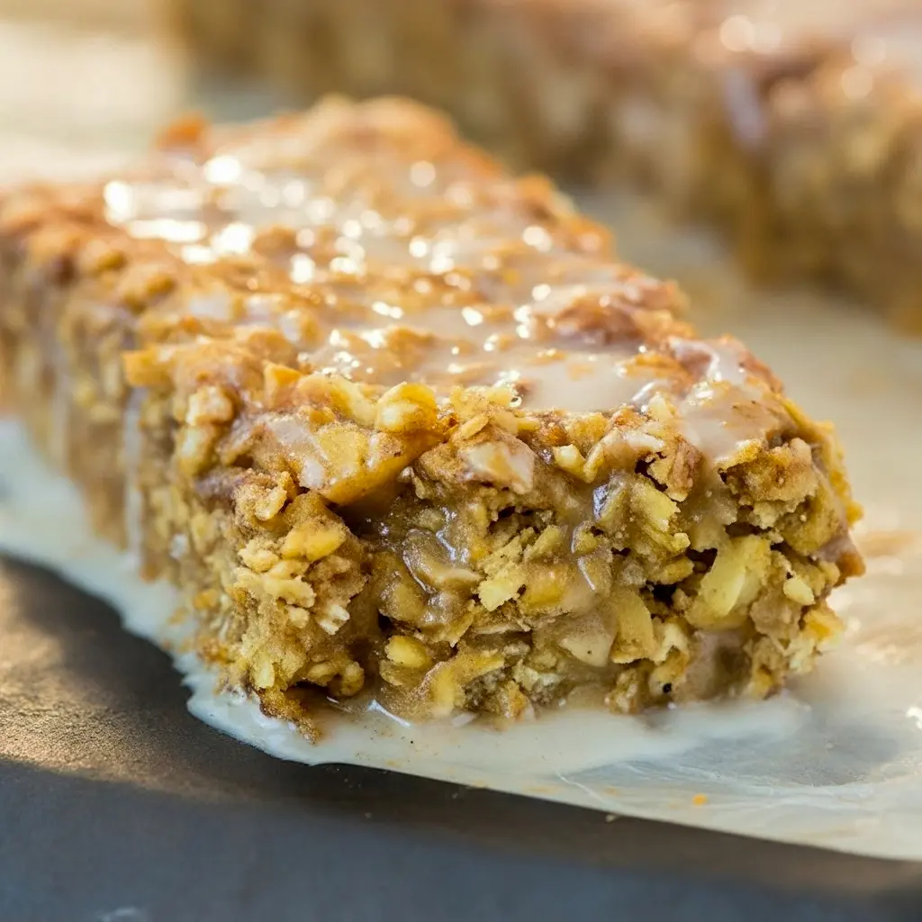 Close-up of golden-baked cinnamon-swirl oatmeal squares with a light glaze — a comforting Cinnamon Roll Bake that's also ideal for Dairy Free Breakfasts, listed under top Baked Oatmeal Recipes, pairs well with Tofu Scramble, and works as a Gluten Free Sugar Free option for Free Snacks, simple Gluten Free Breakfasts, and everyday Oatmeal Recipes.