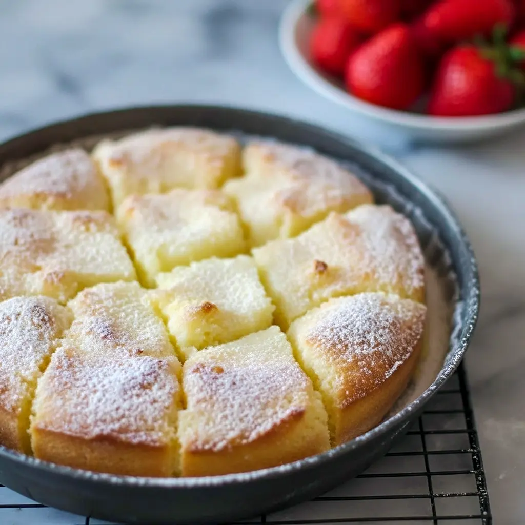 Golden, buttery square cake with a crackly sugar top on a white plate, garnished with powdered sugar and fresh berries.