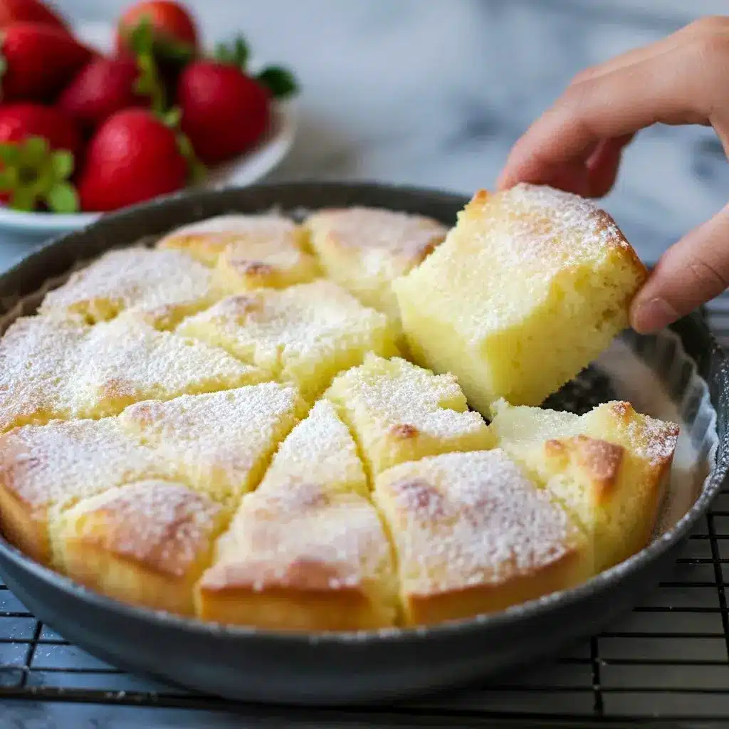 Golden, buttery square cake with a crackly sugar top on a white plate, garnished with powdered sugar and fresh berries.