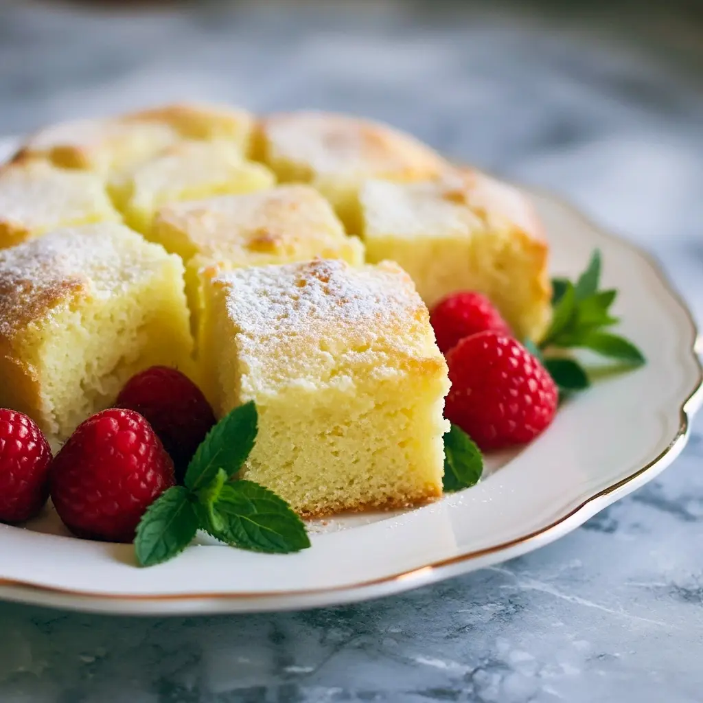 Golden, buttery square cake with a crackly sugar top on a white plate, garnished with powdered sugar and fresh berries.
