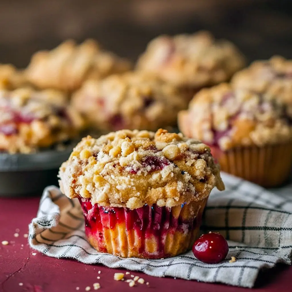 Golden crumb-topped muffins filled with rich cranberry sauce, the perfect cozy Cranberry Sauce Desserts idea for the holidays.