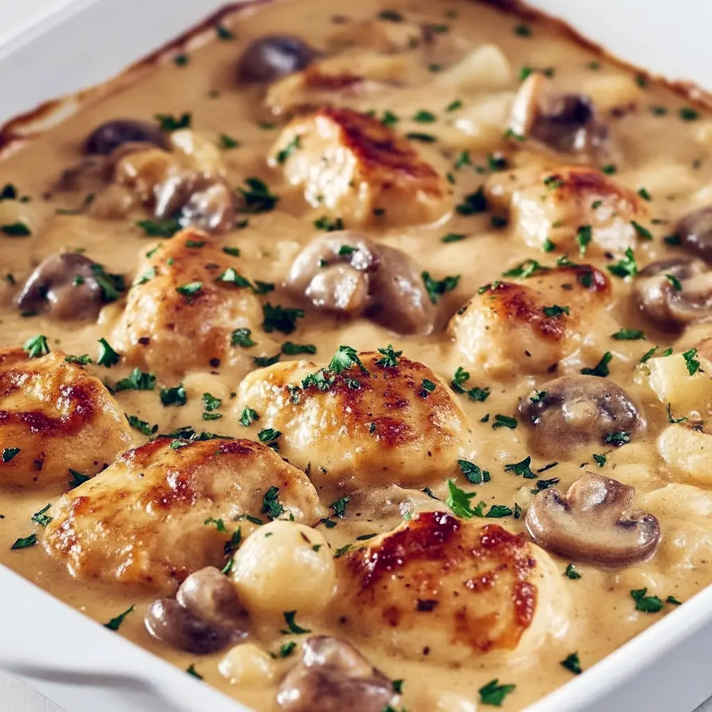 Golden-bubbly baked chicken stroganoff in a white casserole dish, creamy mushroom sauce coating egg noodles, garnished with chopped parsley.
